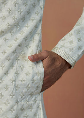 alt message - Manyavar Men White Self Design Kurta Pajama image number 2